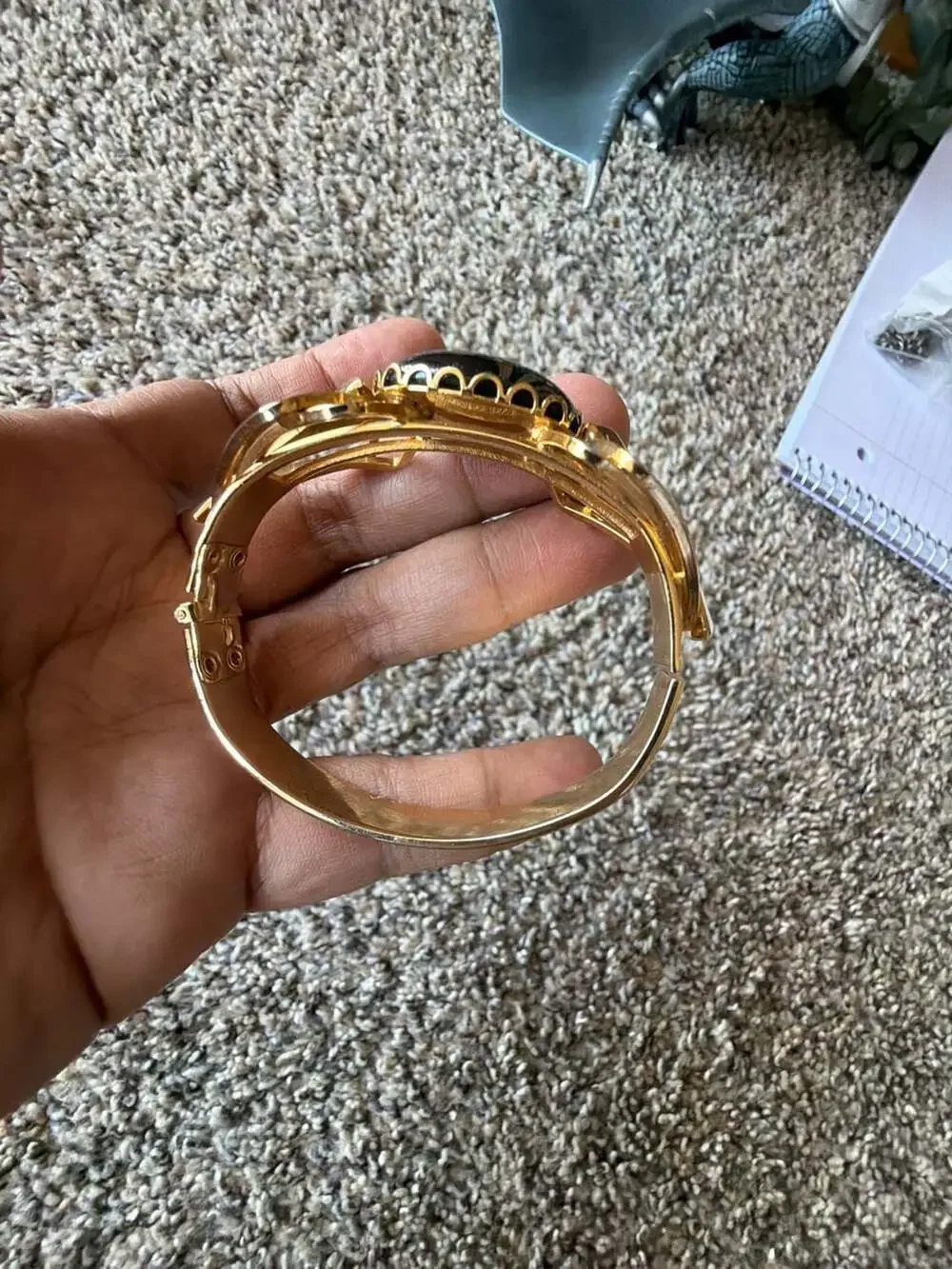 Vintage Gold Tone Hinged Statement Bangle Bracelet with Large Black Cabochon